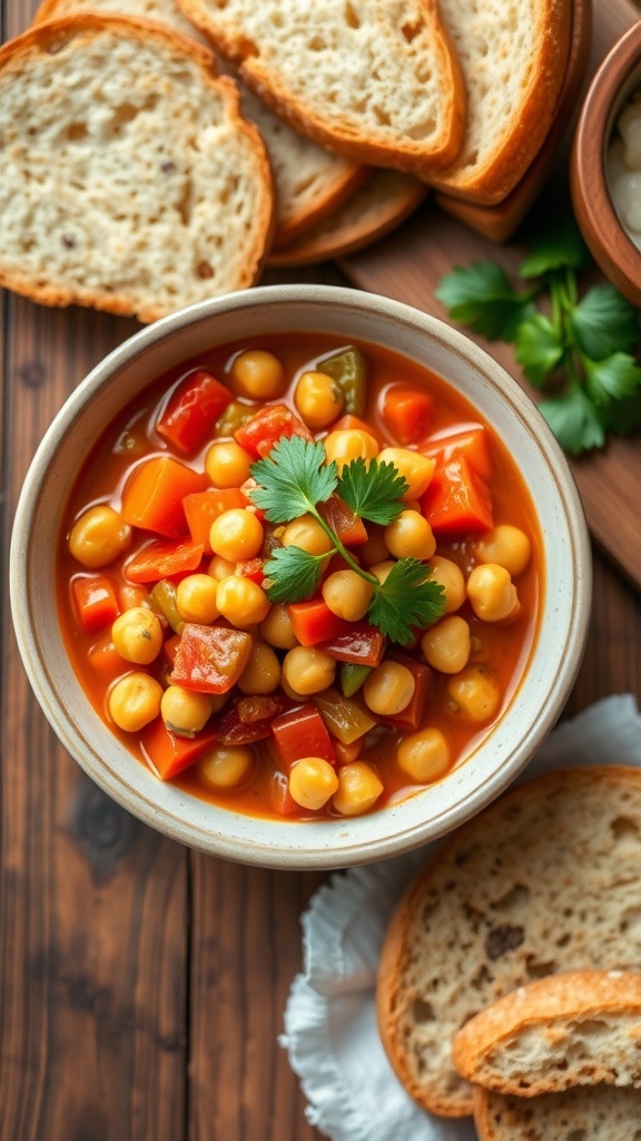 A bowl of Moroccan Chickpea Stew with chickpeas, tomatoes, carrots, and cilantro, served with bread on a wooden table.